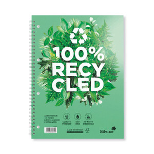 Product CW Office Silvine Prem Recycled A4 White Bound Notebook, front view showing green cover with leafy design and recycling symbols.