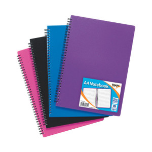 CW Office Sundry A4 Wiro PP Notebok 140 Pages Pack of 5, colorful spiral-bound notebooks with PP covers in purple, blue, black, pink, and featuring 140 pages each for note-taking.