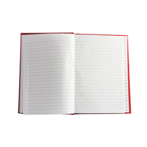 CW Office Casebound A5 Index Book PK10, red hardcover book opened to show lined pages with alphabetical index tabs on the right side.