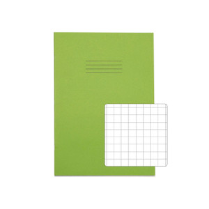 CW Office Rhino Exbook 64P S10 Ltgreen A4 PK50, green A4 sized exercise book with 64 pages and ruled lines for writing along with a grid paper sheet for drawing or graphing.