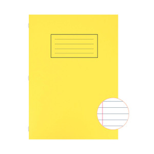 CW Office Silvine Lined Ex Book Yellow PK10, yellow lined exercise book with horizontal blue lines and a red margin on the pages.