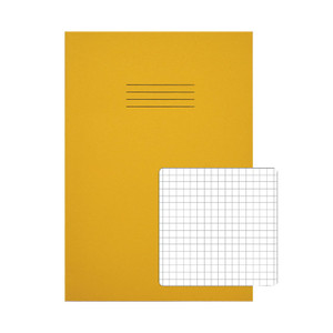 CW Office Rhino A4 Ex Book 5MM Sq Yellow PK50, yellow squared exercise book with 5mm grid lines and white square sticker for labeling or planning.