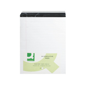 CW Office Q-Connect Ruled Exec Pad A4 PK10, a pack of 10 white ruled A4 executive pads with pink margin lines, ideal for office use.
