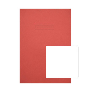 CW Office Exercise Book A4+ Plain Red PK50, A red exercise notebook with a blank white label on the cover for writing, suitable for school or office use.
