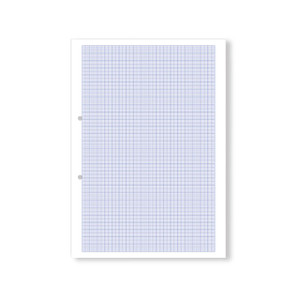 CW Office Graph PPR 10MM 1000P Pchd 2HL A4 PK5, image of graph paper in a pack, featuring a sheet with a blue grid pattern for writing and drawing.