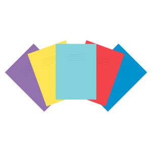 CW Office Education Scrapbook A4 + AST PK50, colorful assorted office notebooks in purple, yellow, light blue, red, and blue with lined pages.