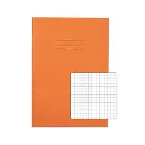 CW Office Rhino Ex Bk Sq 5MM A4 Org Contr PK50, orange square exercise book with grid pages for writing and organization.