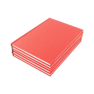 CW Office Manuscript Book A4 Ruled Feint PK5, set of five red ruled notebooks with white margins, stacked on white background.