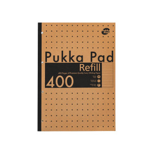 CW Office Pukka Pad Refill Pad A4 400P PK5, brown and black refill pad with perforated pages and drilled holes for filing.