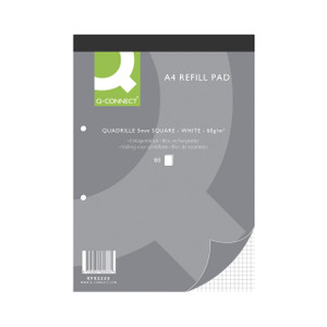 Q-Connect Quad Rld Rfl Pad A4 PK10, grey and white ream refill pad with green logo and product details