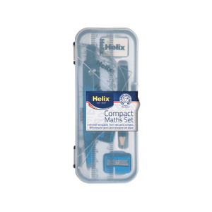 CW Office Helix Value Maths Set PK12, transparent plastic case containing a ruler, protractor, compass, pencil sharpener, eraser, and pencil.