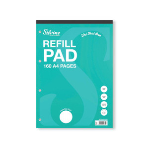 CW Office Silvine Refill Pad 160 Page A4 PK6, image of a teal-colored refill pad for office use with a perforated design and punched holes.