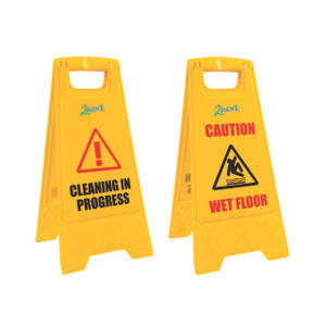CW Office 2Work Recycled Wet Floor Sign, yellow caution signs with warning messages during cleaning and wet floor warning.