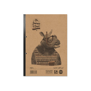 CW Office Rhino Recycle Refill Pad 320P A4 PK3, recycled refill pad featuring a graphic of a rhino with glasses and tribal patterns on brown recycled paper background.