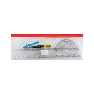 CW Office Education Exam Essentials Pack, transparent plastic Ziploc bag with school stationery including a blue compass, black pen, yellow pencil sharpener, white eraser, and a clear protractor for standardized test prep.