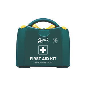 CW Office 2Work Eco 50P HSE First Aid Kit/Box, Green portable medical emergency first aid kit with handle and white cross icon.