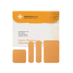 CW Office Reliance Fabric Plasters Astd PK100, sterile stretchable fabric adhesive bandages with waterproof and latex-free features shown in the image.