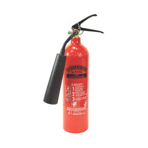 CW Office Fireking Fire Extinguisher Carbon Dioxide 2KG, red fire extinguisher with black handle and hose, labeled with usage instructions and safety warnings.
