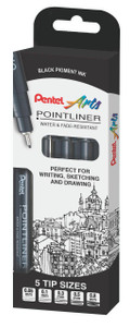 Product CW Office Pentel Pointliner AST Sizes Black P5, packaging of felt-tip pens with 5 different tip sizes for detailed writing and drawing.
