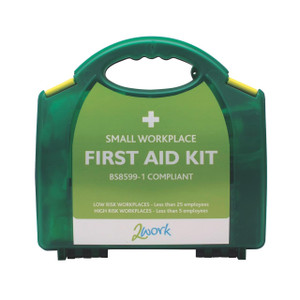 CW Office 2Work Small Bsi First Aid Kit, compact green plastic first aid kit with a handle and a label indicating its size and compliance for small workplaces.