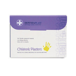 CW Office Washproof Plasters AST Child PK1000, box of children's washproof and sterile dressings with a purple and white design and a yellow handprint icon.