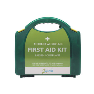 CW Office 2Work Medium Bsi First Aid Kit, portable green plastic first aid kit with handle and white and green label indicating it is suitable for medium workplaces.