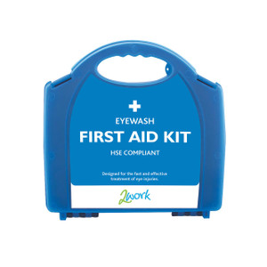 CW Office 2Work Eyewash Station, blue portable eye wash first aid kit with handle and label for emergency eye irrigation.