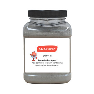 CW Office Green Boom Oily-R Remediation Agent, a jar containing a remediation powder for oil spills with a label showing a cartoon germ mascot and instructions for use.
