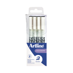 CW Office Artline Calligraphy Pen Black PK4, set of four black calligraphy pens with white bodies and black caps in clear packaging.