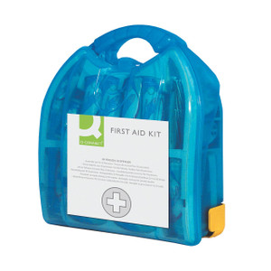 CW Office Q-Connect 20 Person First Aid Kit, blue portable first aid kit with a handle and a white label on the front.