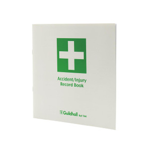 CW Office Guildhall Accident Injury Book PK5, a white record book featuring a green cross symbol and labeled for accident and injury record-keeping.