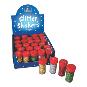 CW Office Bright Ideas Glitter Shaker, product image of 30 assorted small plastic containers filled with colorful glitter, with some containers outside the box showing red, gold, green, and silver glitter.