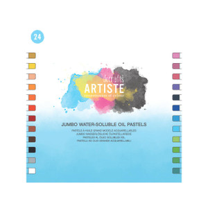 CW Office Artiste Water Sbl Oil Pastels PK24, colorful set of 24 jumbo watercolor-soluble oil pastels arranged on a box with splash-like watercolor designs.