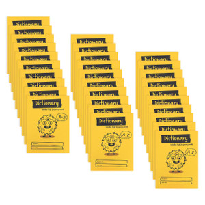 CW Office Primary Dictionary Book PK30, set of yellow high frequency word dictionaries for students with cute monster character on cover.
