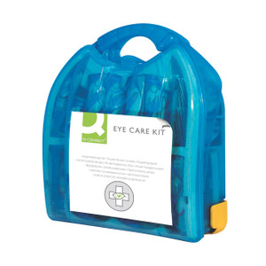 CW Office Q-Connect Eye Wash Kit With Eyewash, a blue travel case containing eye care supplies for emergency eye irrigation.