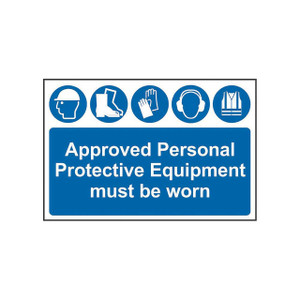CW Office Spectrum Sign Approve PPE Must Be Worn, Safety Sign with icons of helmet, boots, gloves, hearing protection, and safety vest indicating personal protective equipment requirements.