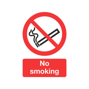CW Office SignsLab A5 210X148 No Smoking Sign with Red Prohibition Circle and Cigarette Icon, accompanied by a 'No smoking' message in red background, ideal for office safety and regulation.