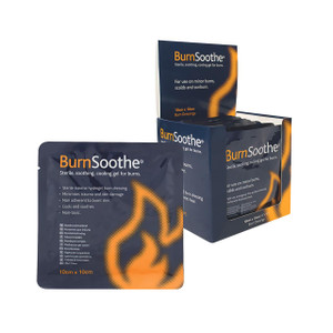 CW Office Reliance Burn Relief Dressing PK10, image of burn relief dressings designed for minor burns and sunburns, with packaging showing 10cm by 10cm sterile burn dressings in a box and individual packs.