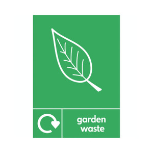 CW Office A5 Sign Garden Waste Pack Of 5, a green garden waste recycling sign with a white leaf graphic and recycling arrow symbol showing it is for garden waste disposal.