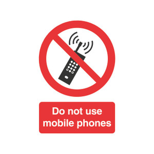 CW Office Signslab Do Not Use Mob Phone PVC A5, no mobile phone usage sign featuring a black mobile phone with signal waves and a red prohibition circle, along with a red rectangle with white text saying 'Do not use mobile phones'.