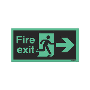 CW Office Niteglo Exit Man Arr Right S/A 15X45, illuminated emergency exit sign with green and black design indicating the direction to the fire exit.
