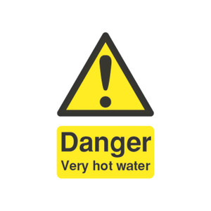 CW Office SignsLab Danger Very Hot Water PVC Sign, safety warning sign with a yellow triangle and black exclamation mark, indicating caution for very hot water.