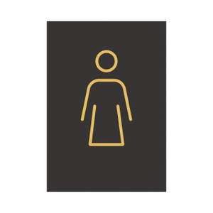 CW Office Female Toilet Sign 105X150MM BLK/Gld, a black and gold sign with a female figure icon indicating a women's restroom.