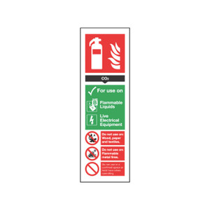 CW Office Sign Fire Carbon Dioxide 300X100 S/A, fire safety sign with instructions and hazard symbols for CO2 fire extinguisher, flammable liquids, live electrical equipment, and safety precautions.