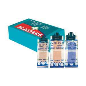 CW Office Wallace Wash/Pilferproof Plast PK150, image of three pilferproof plastic sterilization indicator/patches with blue, orange, and white colors and sealed in packaging with clip, next to a blue product box labeled 'PLASTERS'.