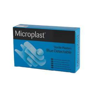 CW Office Microplast BLU Detctb Plasters PK100, box of blue detectable sterile adhesive bandages for wound dressing.
