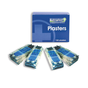 CW Office Wallace Cameron Pilferproof Plaster, box of 150 medical plasters with individual sterile strips arranged in front.