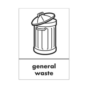 CW Office A5 Sign General Waste Pack Of 5, black and white illustration of a waste bin with the 'general waste' label on it.