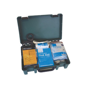 CW Office Wallace Cameron Hsa 1-10 1ST Aid Kit, open green first aid kit with medical supplies including bandages, gloves, and a guidance leaflet.
