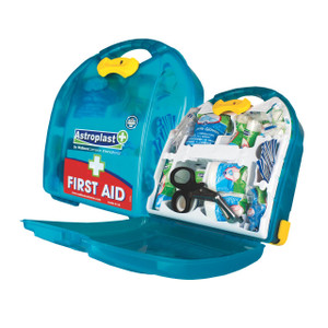 CW Office Wallace Small First Aid Kit BSI-8599, blue plastic first aid kit with a handle and open lid revealing assorted medical supplies including bandages, scissors, and gloves.